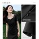 
Shangdubi La temperament square collar puff sleeve hem slit pinch pleated design dress for women in summer waist-hugging and slimming fishtail small black skirt