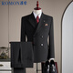 ROMON suit + vest + trousers suit men's business double-breasted casual suit dress men's black 3XL