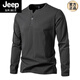 JEEP SPIRIT 300g heavy cotton large size slim henley collar long-sleeved T-shirt men's spring and autumn solid color sports fitness T-shirt military green L