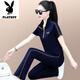 Playboy (Playboy) Mode-Set für Frauen 2025 Sommer neues modisches Alter reduziert schlankende Kurzschlämchen Top Wide Lein Hosen lässig zweiköpfig trendy schwarze Single-Hosen-Schauen Sie sich Bilder-Flaggschiff Modell 2xl _Suggiert 125-140jin [Jin gleich 0,5 kg]