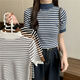 Rwnnvi gestreiftes dünner Pullover für Frauen 2025 Neuer Sommer Retro Hong Kong Flavor Haly High Neck Kurzärärmelte T-Shirt Chic Top Trendy 13063 Schwarze Streifen One Größe (70-125jin [Jin gleich 0,5 kg] kann getragen werden)