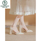 Holzspecker Haupthochzeitskleid Französisch One-Button High Heels für Frauen 2025 Sommer neuer Stil-Z-Zoe Dicke Absatz Sandalen Hollow Single Schuhe Brautjungfernschuhe Aprikosenfarbe 5 cm 38