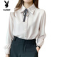 Playboy (PLAYBOY) autumn new chiffon shirt women's top bow tie lapel versatile polo collar shirt long-sleeved bottoming shirt blue XL 125-140Jin Jin equals 0.5 kg
