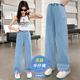 Kühle und niedliche kerne Mädchen Imitation Jeans Sommer dünne Kinderhosen mittelgroße Kinder mit breitem Bein gerader Eisseidenhose 689 gestickte Buchstaben Imitation Hosen 150 Größe empfohlen etwa 145 cm Höhe