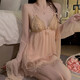 Yalu Summer Sweet Mesh Spitze Deep V plus Brustpolster Sexy Rückenless großer Nachtkleid Äußeres Kleid Home Set Mode Frauen P3886 Grün (Außenkleid + Gürtel) All Size