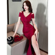 Want to move the nightclub beauties evening dress sexy temperament off-shoulder slim dress foot bath technician work clothes sauna long skirt black 5968 style S (85-95Jin [Jin equals 0.5 kg])