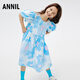 Annai children's clothing girls short-sleeved dress 2024 summer new style blue flower 150