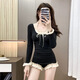Bai Qixin women's 2026 new one-piece long-sleeved slimming belly-covering conservative pure lust girl high-end hot spring swimsuit black lace (one size fits all recommended 70-120 Jin Jin equals 0.5 kg)
