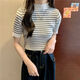 Rwnnvi gestreiftes dünner Pullover für Frauen 2025 Neuer Sommer Retro Hong Kong Flavor Haly High Neck Kurzärärmelte T-Shirt Chic Top Trendy 13063 Schwarze Streifen One Größe (70-125jin [Jin gleich 0,5 kg] kann getragen werden)