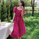 Französisch Retro rosa Kleid für Frauen 2025 Sommer-Puffhülle Taille-Hugging Princess Long Rock D1396 Rose Red XL [120-130jin [Jin entspricht 0,5 kg]]