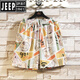 Jeep Spirit Hawaiian Ice Silk Shorts Herren Sommer Dünne Trendy Branddruckgedruckte Strandhosen Lose große lässige Sportarten knusprige Hose DK695 Weiß M.