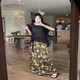 Single-built fat mm large size women's ice silk knitted top printed skirt suit A1477 top + 21846 skirt A1477 black top ((without suspenders) L[100-120] single size