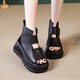 Lairan cowhide sandals thick-soled heightened women's shoes, wedge velcro hollowed-out Roman shoes versatile 2025 summer new style black 37