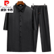 皮尔卡丹（pierre cardin）男士仿香云纱衬衫夏季短袖仿桑蚕丝立领套装中式男装中国风衬衫 9332上衣+9226.裤子 M 建议100-115斤
