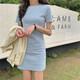 AFTER MONDAY2025 summer Korean style slim solid color short-sleeved T-shirt women's mid-length dress women's clothing 6624* purple M