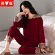 Yalu-Pyjamas für Frauen im Frühjahr und Herbst reines Baumwoll-Langarm-Spitze Großgröße Loses Jahr des Zodiac Red Snake Year Home Clothing Set 4885 WEIN ROT M 80-100JIN [Jin ist 0,5 kg]