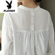 Playboy (PLAYBOY) 2025 Spring and Autumn New Style Literary Accordion Pleated Sweet Lady Hollow Long Sleeve Shirt Pullover Shirt Women's Top Trendy White All Size
