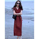 Hengyuanxiang Silk Light Luxury Robe Women's 2025 Été Nouveau style élégant en V Slim Jupe rouge Bourgogne Guangzhou Vêtements féminins de treize rangs / produits européens Europe 2xl