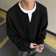 IZEXX fake two-piece Henry collar sweatshirt men's autumn round neck simple versatile loose bottoming shirt top JW19 black 2XL