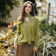 Olrain French Lazy V-Neck Streamer Sweater Loose's Femme's Automne Casual Top Yellow Green S