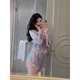 Sexy ice silk satin pajamas for women in summer 2025 new pure lace long-sleeved shorts home clothing set summer style 829# suspender S recommended 80-90Jin [Jin equals 0.5 kg]