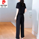 Pierre cardin fashion suit for women in summer 2025 new fashionable slim round neck short sleeve shirt straight trousers two-piece set for women 12608-Black suit 3XL [recommended 140-155Jin [Jin equals 0.5 kg]]