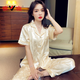 Yalu Bingsi Pyjamas Frauen 2025 Sommer Dünne Kurzarm Lange Hosen Großgröße Home Clothing High-End-Sense Set 695# Tintenmalerei Drei-teilige Set M (Vorgeschlagene 80-100jin [Jin gleich 0,5 kg])