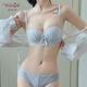 Triumph Lace Underwear Women's 2025 New Sexy Small Breast Gathering Wire-Free Side Breast Retracting Half Cup Bra Set Sweet Blue Underwear 85A 85/38A