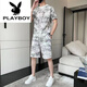 花花公子（PLAYBOY）纯棉2023新款冰丝短袖T恤套装男士休闲运动两件套男装宽松夏季潮 671灰色套装 3XL 160斤-175斤