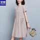 罗蒙（ROMON）棉条纹仿麻连衣裙女夏2025新款 宽松显瘦a字裙系带休闲中长裙子 粉色 M 85-100