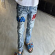 GXMY American High Street Internet Berühmtheit Gleicher Stil hochwertiger AM-Buchstaben gestickt Jeans Männer vielseitig Slim Fit Micro-Flare Straighthose 723 Jeans S S