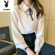 Playboy (PLAYBOY) autumn new chiffon shirt women's top bow tie lapel versatile polo collar shirt long-sleeved bottoming shirt blue XL 125-140Jin Jin equals 0.5 kg