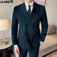 Lilang suit men's wedding striped groom's formal dress double-breasted British style casual slim three-piece suit dark gray L