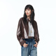 PeaceBird Women's Leather Chaqueta dorada Botón Pequeño soporte de soporte Proteína PU Pu Capota de cuero Motorcillo truncado para mujeres A Maroon S