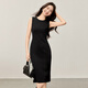 Shangdubila [Slim Taille] 2025 Herbst Pendeln rund Hals Split Slim Tailleloses ärmellose Weste kleines schwarzes Kleid