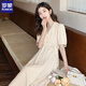罗蒙西装领连衣裙女2025夏新款短袖白色长款收腰显瘦年高档气质a字裙 QSJ1218米色 M