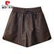 Pierre Cardin PU Leather Shorts Women's Autumn and Winter 2025 New Fashion Outerwear Loose Slim Drawstring High Waist A-Line Casual Boot Pants Brown L