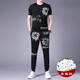 JEEP SPIRIT casual suit men's summer short-sleeved mulberry silkworm ice silk handsome match with Korean style fashion print trend 9227 black XL 175