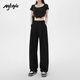 MJ STYLE wide-leg pants for women's summer thin high waist drape straight-leg pants narrow version casual pants versatile slim suit pants black L