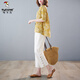Versión coreana de Woodpecker Gran Traje de algodón y lino de algodón D para la carne de carne para mujeres Camisa impresa de dos piezas 2025 Summer New Fat M Girl Yellow XL Big