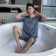 ZIPJBX夏季仿真丝睡衣男士夏款短袖短裤套头薄款冰丝绸男款休闲家居服套 开衫款9864-灰蓝色 L (100-125斤)