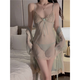 Sexy Pyjama Frauen Spitze Hosenträger Mesh Nachthemd Sommer Hausanzug Morgen Kleid Großgröße 3883 Grün (Nachtskirt + T-Trouser) M.