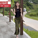 Victoria's summer outfit with a huge and beautiful look, a complete set of new Chinese style, Chinese style, slightly transparent sleeveless top printed hip-pack skirt skirt suit, black top + green skirt L (110-125Jin[Jin equals 0.5 kg])