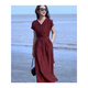 Hengyuanxiang Silk Light Luxury Robe Women's 2025 Été Nouveau style élégant en V Slim Jupe rouge Bourgogne Guangzhou Vêtements féminins de treize rangs / produits européens Europe 2xl
