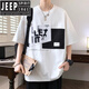 JEEP SPIRIT大码男装宽松短袖T恤高生夏季五分袖加肥加大圆领上衣服 D693款五分袖黑色 M (90-105斤)