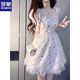 ROMON First Love Gentle Wind Puff Sleeve Puffed Sleeve Dress French Milk Sweet Floral Princess Skirt with a unique waist and beautiful summer White Floral [Stock Store Quality] L 100-120Jin [Jin equals 0.5 kg]