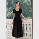Vestiman Slim Vestido de manga corta en verano Nuevo francés Slim Hepburn Style Long Skirt Black M