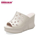 Sandalias con tacón de la marca Bido Groenlandia para mujeres que usan una nueva plataforma impermeable de verano con la boca de cuero de tacón alto de la boca abierta de las sandalias de medio apoyo de los pies en blanco 37 (235 mm)