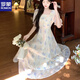 
ROMON French temperament square collar large size dress for women in summer 2025 new high-end style waist-hugging and slimming first love long skirt. Rattan flower light green [version good droop] L [105-115Jin [Jin equals about 0.5 kg]]