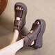 Lairan cowhide sandals thick-soled heightened women's shoes, wedge velcro hollowed-out Roman shoes versatile 2025 summer new style black 37
